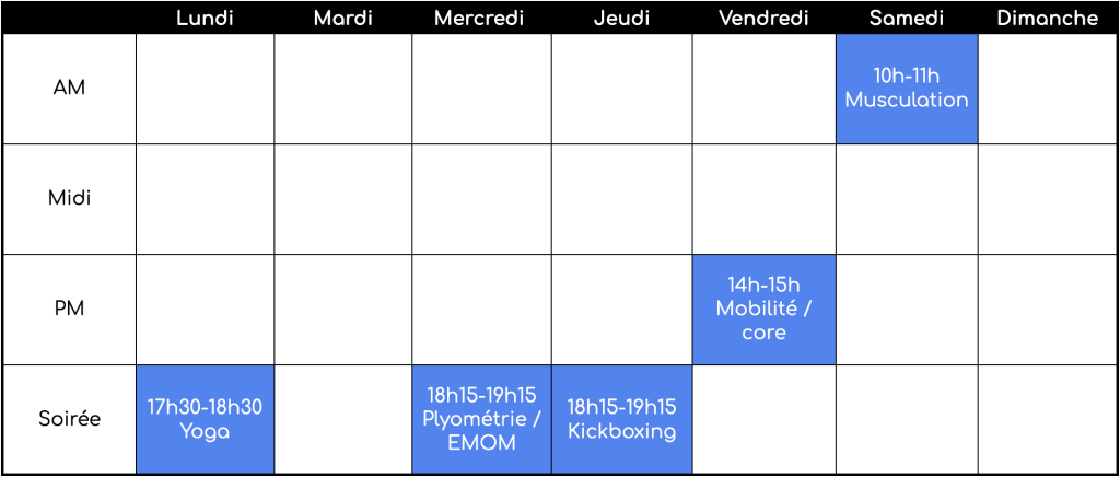 Calendrier cours de groupe